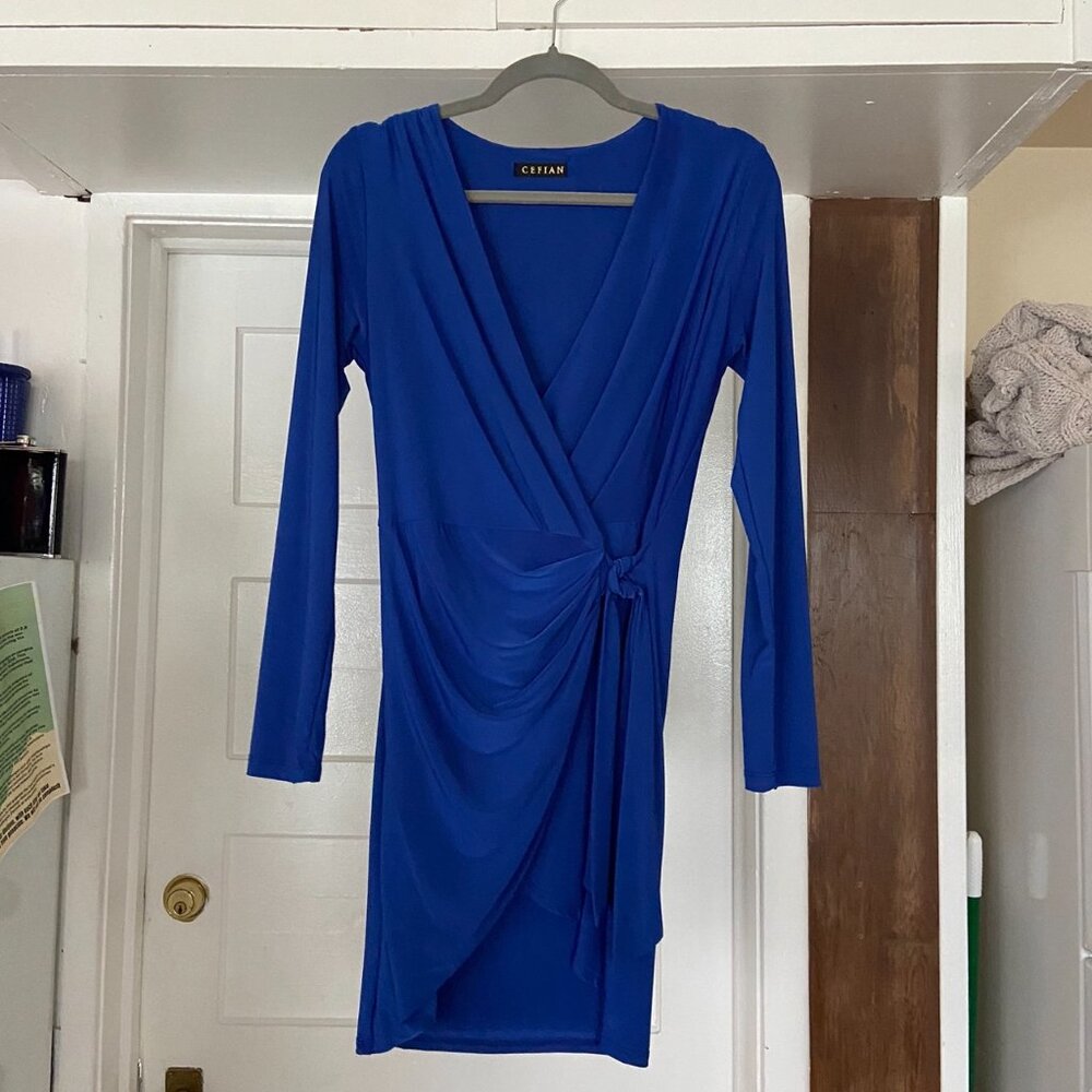 slinky blue mini wrap dress